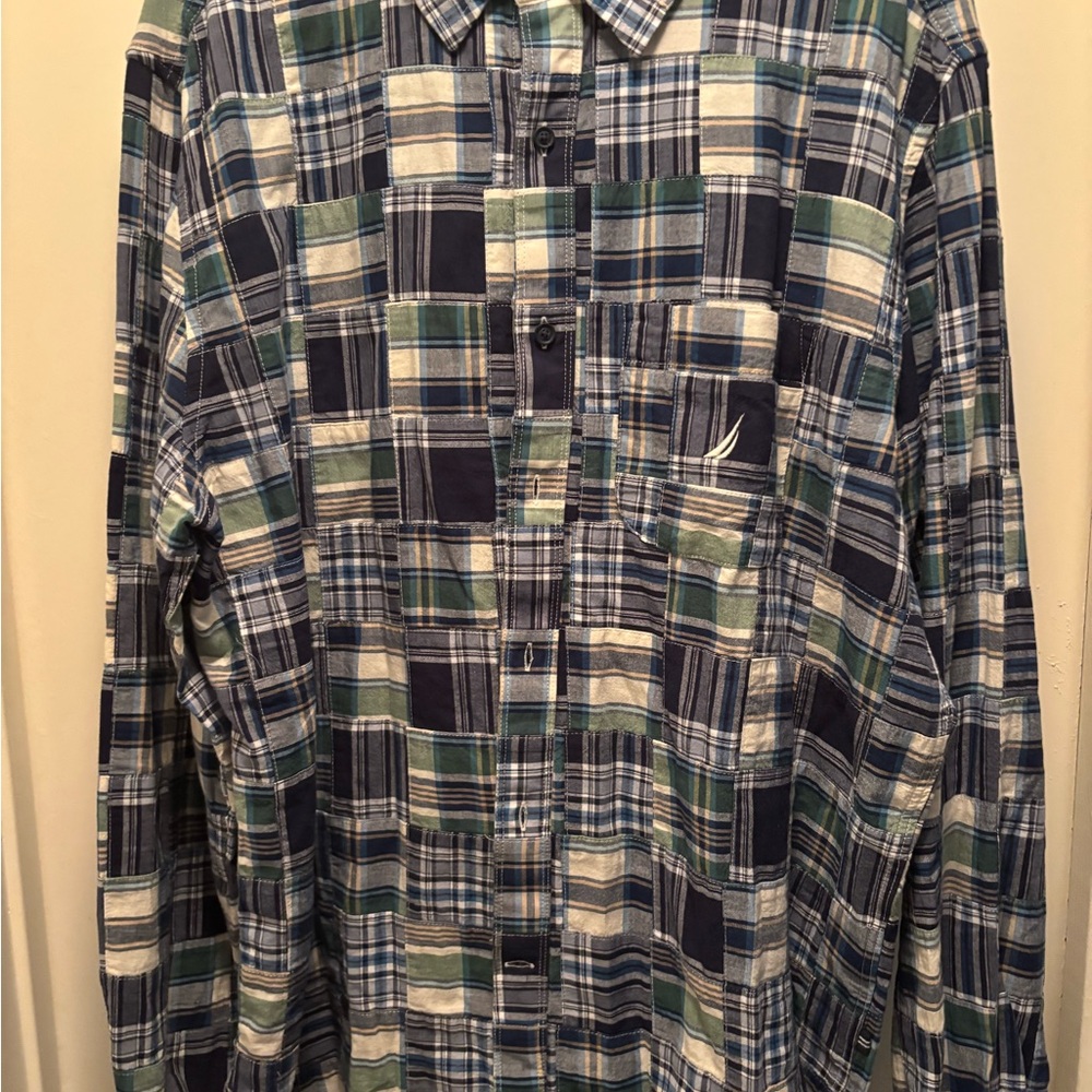 Nautica Men's Checkered Blue and Green Shirt